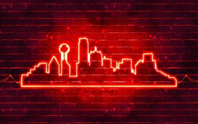 Dallas red neon silhouette, 4k, red neon lights, Dallas skyline silhouette, red brickwall, american cities, neon skyline silhouettes, USA, Dallas silhouette, Dallas