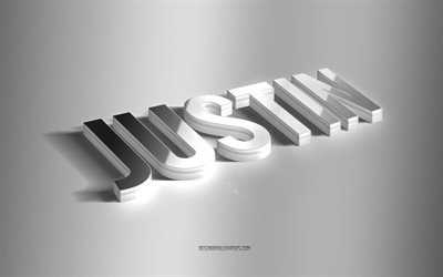 جاست, فن 3d الفضة, خلفية رمادية, خلفيات بأسماء, اسم جاستن, بطاقة معايدة جاستن, فن ثلاثي الأبعاد, صورة باسم جاستن