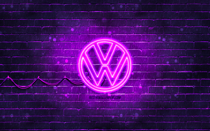 Logo Volkswagen viola, muro di mattoni blu, 4k, nuovo logo Volkswagen, marchi di automobili, logo VW, logo al neon Volkswagen, logo Volkswagen 2021, logo Volkswagen, Volkswagen