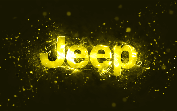 jeep gelbes logo, 4k, gelbe neonlichter, kreativer, gelber abstrakter hintergrund, jeep-logo, automarken, jeep