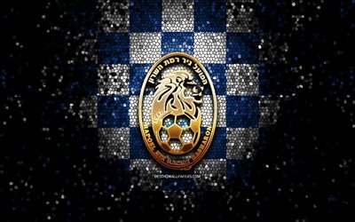 Hapoel Nir Ramat HaSharon FC, logo scintillant, Ligue Leumit, fond bleu &#224; carreaux blancs, football, club de football isra&#233;lien, logo Hapoel Nir Ramat HaSharon, art de la mosa&#239;que, Hapoel Nir Ramat HaSharon