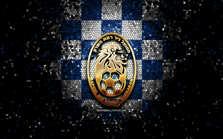 Hapoel Nir Ramat HaSharon FC, logo glitter, Leumit League, sfondo a scacchi bianco blu, calcio, squadra di calcio israeliana, logo Hapoel Nir Ramat HaSharon, arte del mosaico, Hapoel Nir Ramat HaSharon
