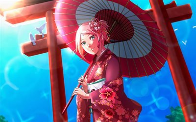 Haruno Sakura, pink umbrella, Naruto characters, protagonist, Naruto, manga, kimono, Haruno Sakura Naruto