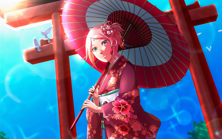 春野サクラ, ピンクの傘, NARUTO-ナルト-キャラクター, 主人公, NARUTO -ナルト-, 日本の漫画, 着物, 春野サクラナルト