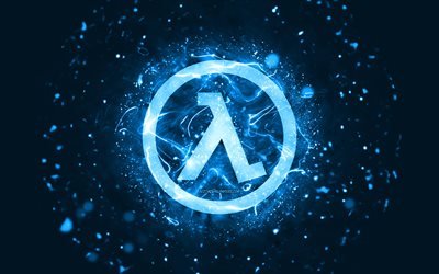 Half-Life blue logo, 4k, blue neon lights, creative, blue abstract background, Half-Life logo, games logos, Half-Life