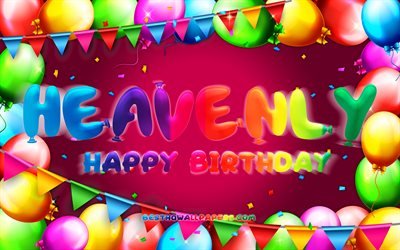 Happy Birthday Heavenly, 4k, f&#228;rgglad ballongram, Heavenly name, lila bakgrund, Heavenly Happy Birthday, Heavenly Birthday, popul&#228;ra amerikanska kvinnonamn, F&#246;delsedagskoncept, Heavenly