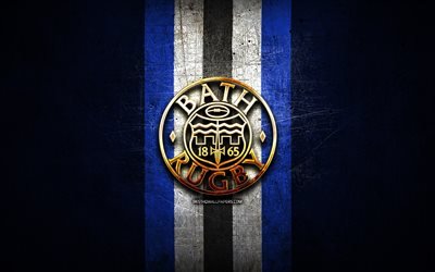 Bath Rugby, logotipo dourado, Premiership Rugby, fundo de metal azul, clube de rugby ingl&#234;s, Bath Rugby logotipo, rugby