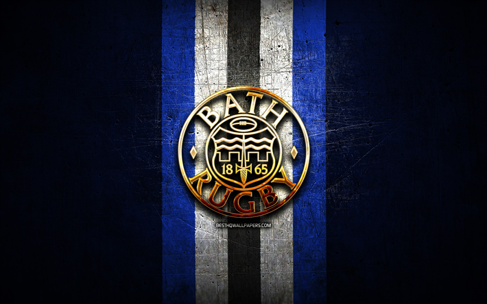 Bath Rugby, logo dor&#233;, Premiership Rugby, fond m&#233;tal bleu, club de rugby anglais, logo Bath Rugby, rugby