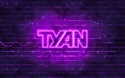 Tyan violetti logo, 4k, violetti tiilisein&#228;, Tyan logo, tuotemerkit, Tyan neon logo, Tyan