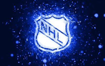 NHL logotipo azul escuro, 4k, azul escuro luzes de neon, Liga Nacional De H&#243;quei, azul escuro abstrato de fundo, NHL logotipo, marcas de carros, NHL