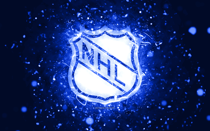 Logo NHL blu scuro, 4k, luci al neon blu scuro, National Hockey League, sfondo astratto blu scuro, logo NHL, marche di automobili, NHL