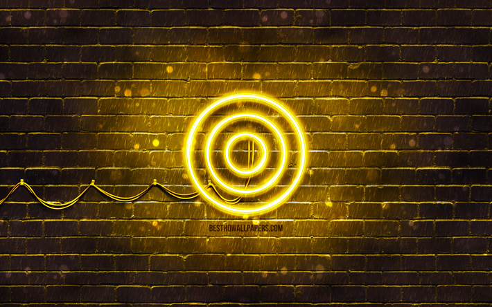 Cible jaune logo, 4k, jaune brickwall, Cible logo, marques, Cible n&#233;on logo, Cible