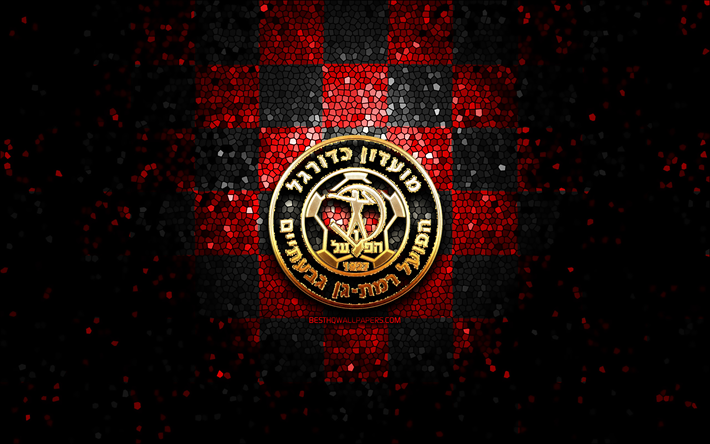 Hapoel Ramat Gan FC, parıltılı logo, Leumit Ligi, kırmızı siyah damalı arka plan, futbol, İsrail Futbol Kul&#252;b&#252;, Hapoel Ramat Gan logo, mozaik sanatı, Hapoel Ramat Gan