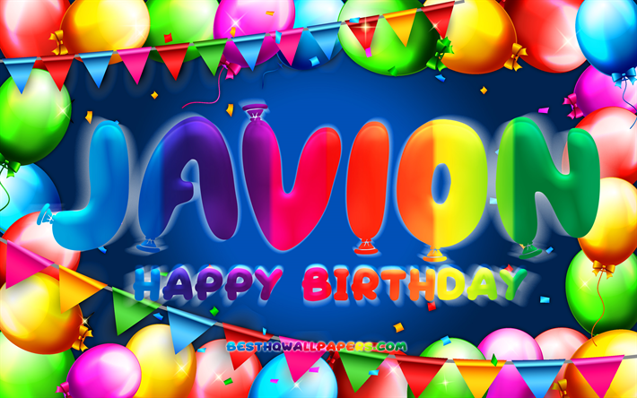 お誕生日おめでとうジャビオン, 4k, カラフルなバルーンフレーム, Javion名, 青い背景, Javionお誕生日おめでとう, Javionの誕生日, 人気のあるアメリカ人男性の名前, 誕生日のコンセプト, Javion