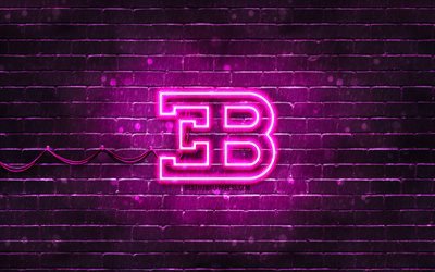 Bugatti purple logo, 4k, purple brickwall, Bugatti logo, cars brands, Bugatti neon logo, Bugatti