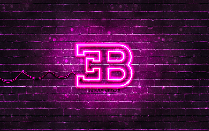 Logo violet Bugatti, 4k, brickwall violet, logo Bugatti, marques de voitures, logo n&#233;on Bugatti, Bugatti
