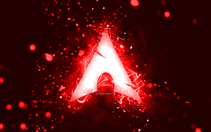 ArchLinuxの赤いロゴ, 4k, 赤いネオンライト, creative クリエイティブ, 赤い抽象的な背景, ArchLinuxロゴ, Linux, Arch Linux