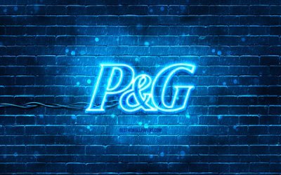 Logo bleu Procter and Gamble, 4k, brickwall bleu, logo Procter and Gamble, marques, logo néon Procter and Gamble, Procter and Gamble