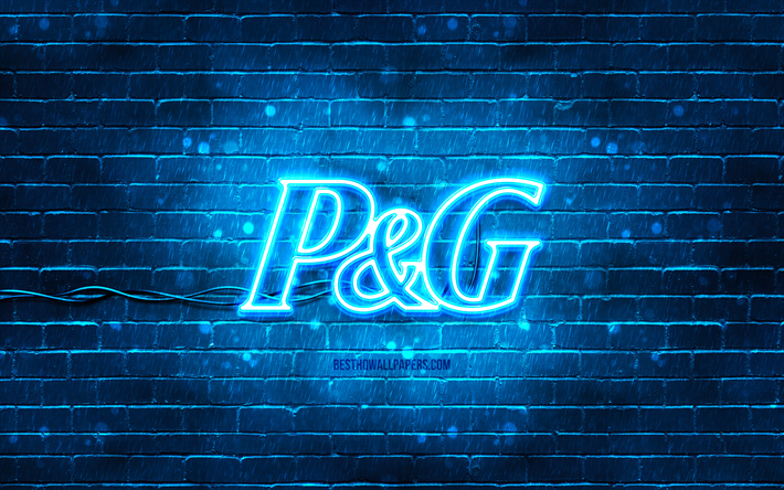 Logotipo azul Procter e Gamble, 4k, parede de tijolos azul, logotipo Procter e Gamble, marcas, logotipo neon Procter e Gamble, Procter e Gamble