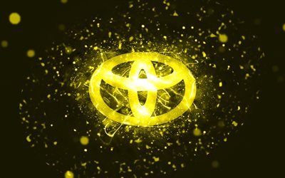 Toyota yellow logo, 4k, yellow neon lights, creative, yellow abstract background, Toyota logo, cars brands, Toyota
