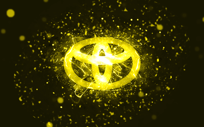 Toyota sarı logo, 4k, sarı neon ışıklar, yaratıcı, sarı soyut arka plan, Toyota logosu, otomobil markaları, Toyota