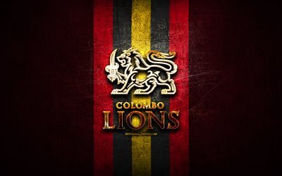 Colombo Lions, logo doré, Elite Football League, fond métallique violet, équipe de football indienne, logo Colombo Lions, football américain