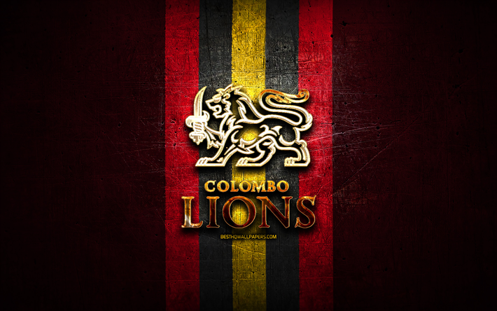 colombo lions, goldenes logo, elite football league, lila metallhintergrund, indische fu&#223;ballmannschaft, colombo lions-logo, american football