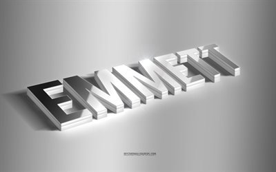 Emmett, art 3d argenté, fond gris, fonds d'écran avec noms, nom Emmett, carte de voeux Emmett, art 3d, photo avec nom Emmett