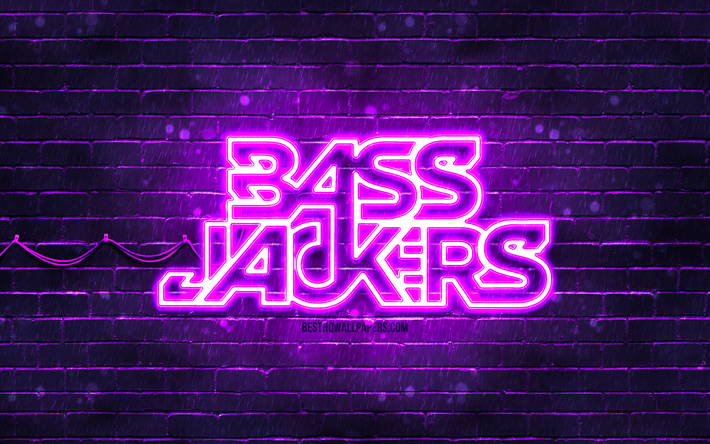 Bassjackers violet logo, 4k, superstars, dutch DJs, violet brickwall, Bassjackers logo, Marlon Flohr, Ralph van Hilst, Bassjackers, music stars, Bassjackers neon logo