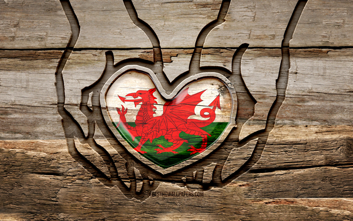 I love Wales, 4K, wooden carving hands, Day of Wales, Flag of Wales, creative, Wales flag, Welsh flag, Wales flag in hand, Take care Wales, wood carving, Europe, Wales