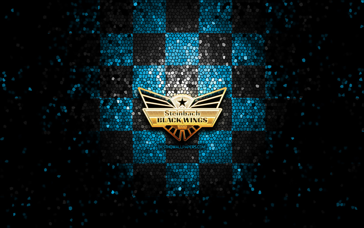 Black Wings Linz, glitter logo, Ishockeyligan, bl&#229; svart rutig bakgrund, Hockey, &#214;sterrikiskt hockeylag, Svarta vingar Linz logo, mosaik konst