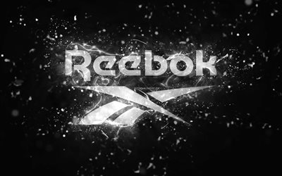 Reebok white logo, 4k, vita neonljus, kreativ, svart abstrakt bakgrund, Reebok logo, varum&#228;rke, Reebok