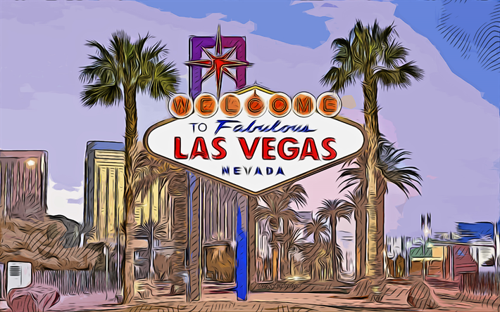 Las Vegas, 4k, vekt&#246;r sanatı, Las Vegas &#231;izimi, yaratıcı sanat, Las Vegas sanatı, vekt&#246;r &#231;izimi, soyut şehir manzarası, Las Vegas şehir manzarası, Nevada, ABD, Las Vegas işareti