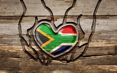 I love South Africa, 4K, wooden carving hands, Day of South Africa, Flag of South Africa, Take care South Africa, creative, South Africa flag, South Africa flag in hand, wood carving, african countries