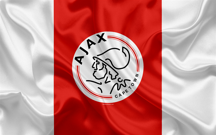 Ajax Cape Town FC, 4k, ipek bayrak, logo, G&#252;ney Afrika Futbol Kul&#252;b&#252;, amblem, Premier Lig, Cape Town, G&#252;ney Afrika, futbol, ipek doku