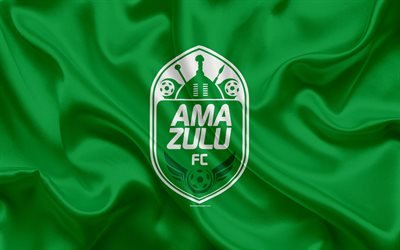 Amazulu FC, 4k, ロゴ, 緑色の絹の旗を, 南アフリカのサッカークラブ, エンブレム, プレミアリーグ, ダーバン, 南アフリカ, サッカー, シルクの質感