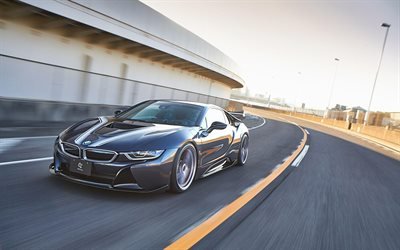 Progettazione 3D, 4k, BMW i8, 2018 auto, tuning, supercar, grigio i8, BMW