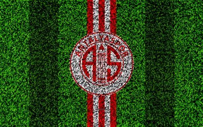 Antalyaspor FC, 4k, football lawn, logo, grass texture, emblem, red white lines, Turkish football club, Super Lig, Antalya, Turkey, football, Turkish Super Soccer