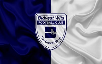 bidwest wits fc, 4k, logo, blau wei&#223; seide-flag, south african football club, emblem, premier league, johannesburg, s&#252;dafrika, fu&#223;ball, seide textur