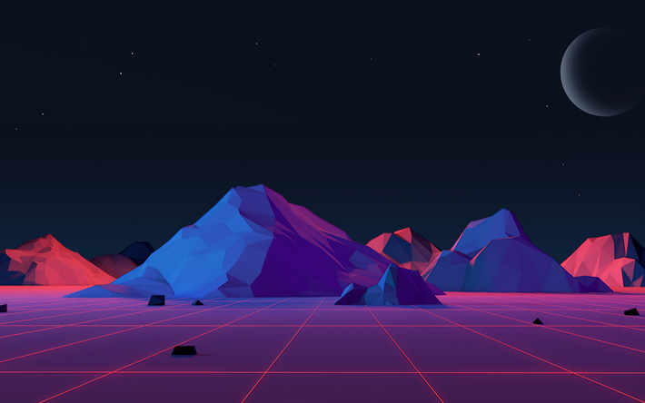 mountains, isometric landscape, nightscape, 3d landscapes, polygons