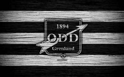 Odd Grenland FC, 4k, Eliteserien, logo, soccer, football club, Norway, Odd Grenland, wooden texture, FC Odd Grenland
