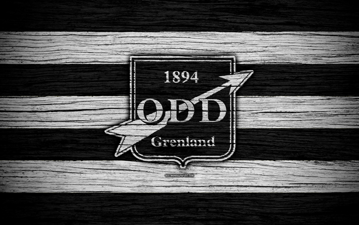 Odd Grenland FC, 4k, Eliteserien, logo, soccer, football club, Norway, Odd Grenland, wooden texture, FC Odd Grenland