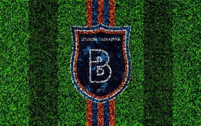 Istanbul Basaksehir FC, 4k, football lawn, logo, grass texture, emblem, blue orange lines, Turkish football club, Super Lig, Istanbul, Turkey, football, Turkish football superleague