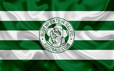 Bloemfontein Celtic FC, 4k, logo, verde di seta bianca, bandiera, South African football club, emblema, Premier League, Bloemfontein, Sud Africa, di calcio, di seta texture