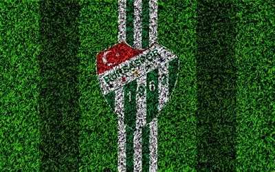 Bursaspor FC, 4k, calcio prato, logo, erba, trama, simbolo, verde, bianco, linee, squadra di calcio turco, Super Lig, Bursa, in Turchia, di calcio, di Calcio turchia Super