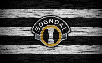 Sogndal FC, 4k, Eliteserien, logotipo, f&#250;tbol, club de f&#250;tbol, Noruega, Sogndal, textura de madera, FC Sogndal