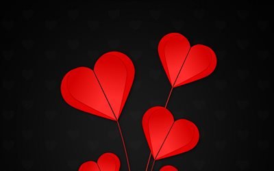قلوب حمراء, 4k, اوريغامي, الإبداعية, قلوب, خلفية سوداء