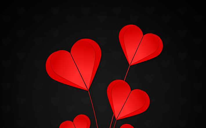 kırmızı kalpler, 4k, origami, yaratıcı, kalpler, siyah arka plan