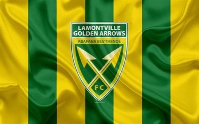 Golden Arrows FC, 4k, logo, yeşil sarı ipek bayrak, G&#252;ney Afrika Futbol Kul&#252;b&#252; amblemi, Premier Lig, Durban, G&#252;ney Afrika, futbol, ipek doku, Lamontville Golden Arrows