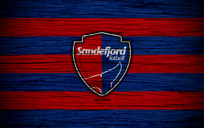 Sandefjord FC, 4k, Eliteserien, logo, soccer, football club, Norway, Sandefjord, wooden texture, FC Sandefjord